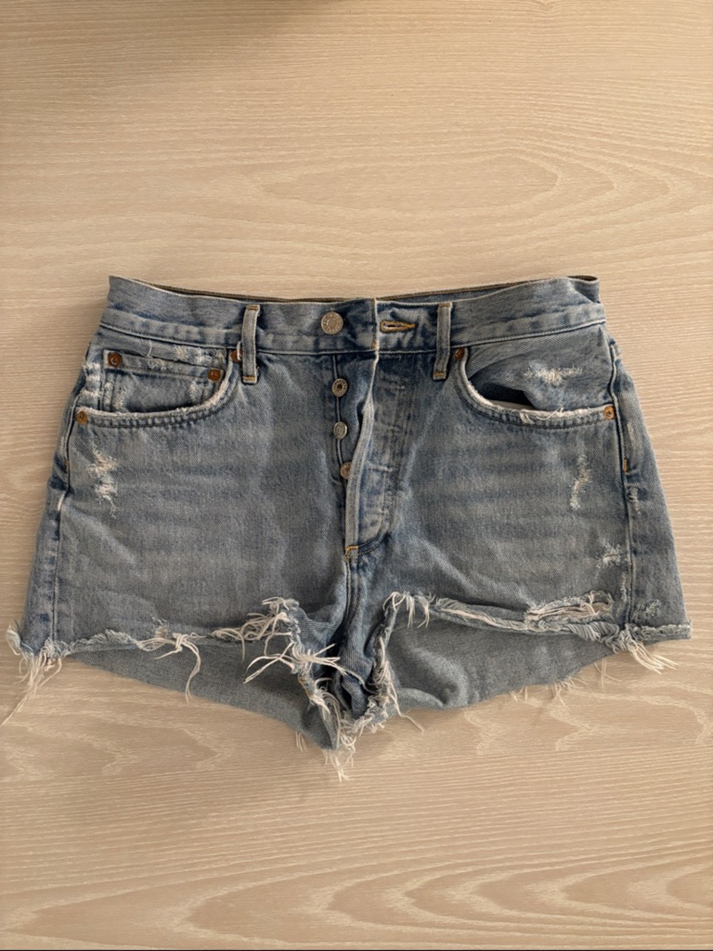 AGOLE High-Rise Light Blue Distressed Denim Jean Shorts
